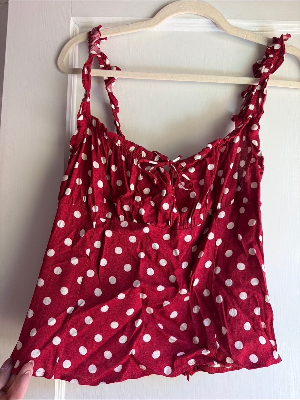 Reformation Red and White Polka Dot Tie-Front Cami back zip